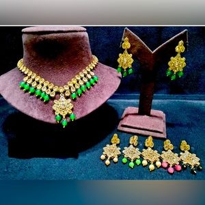 Beautiful Indian costume jewelry. Three piece set with green stones.